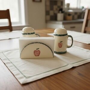 Vintage Apple Spongeware Stoneware Salt Pepper Shakers and Napkin Holder Set